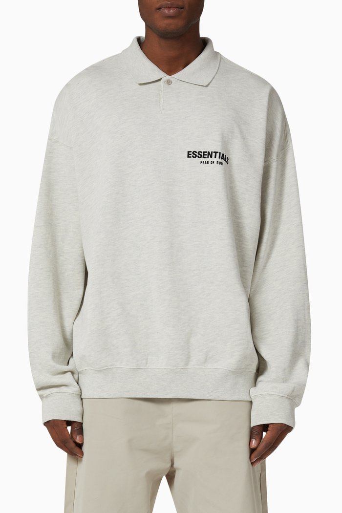 

Long-sleeve Logo Polo Shirt in French Terry, Grey