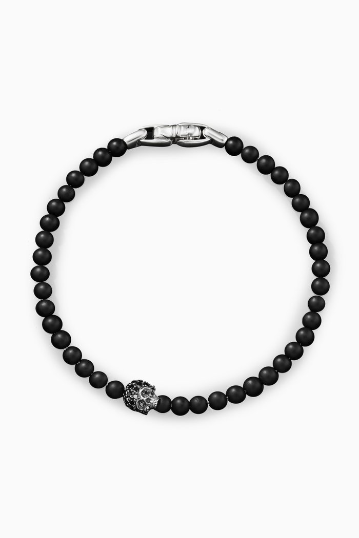 

Memento Mori Beaded Skull Bracelet in Onyx & Sterling Silver, Black
