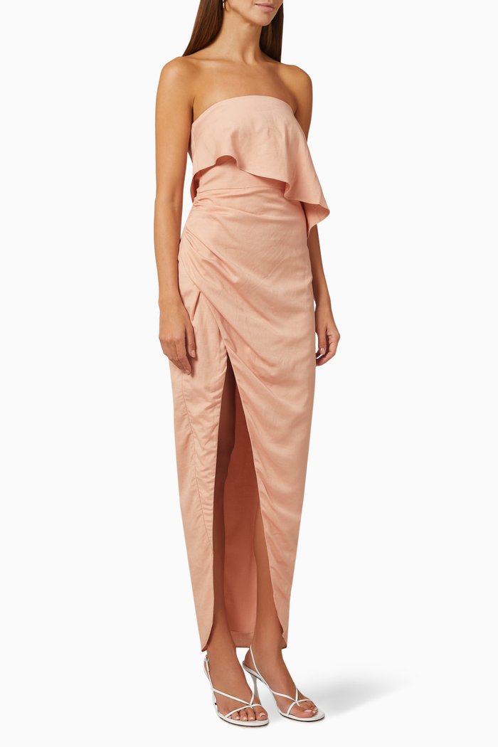 

Cascade Frill Midi Dress in Linen-blend, Pink