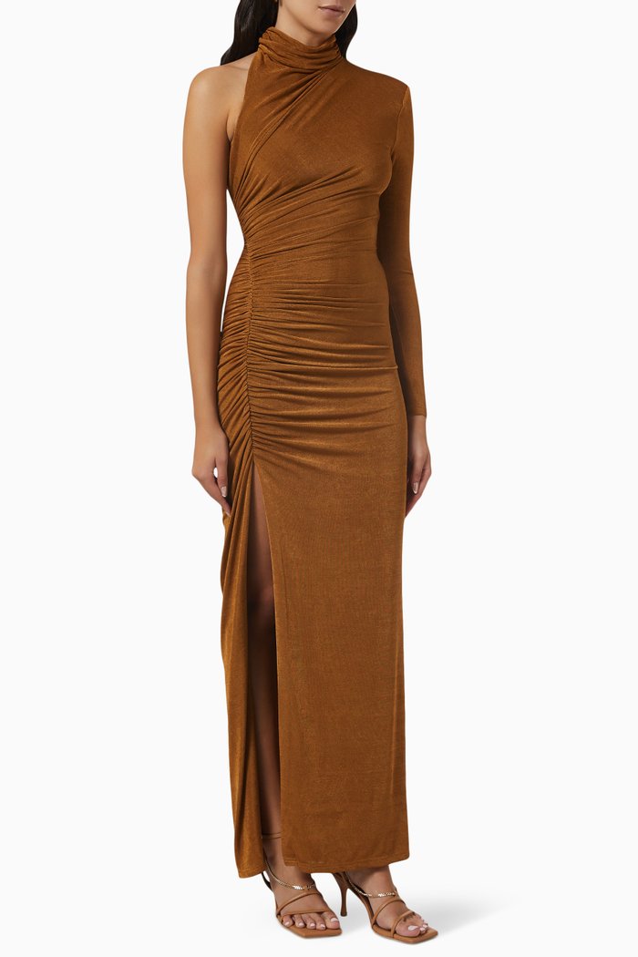 Pauline Ruched Maxi Dress in Stretch-jersey, Brown