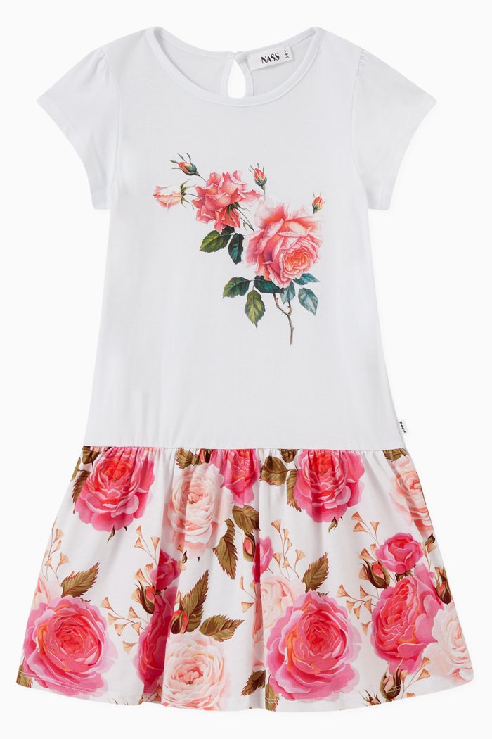 Rose Print Dress in Cotton, White