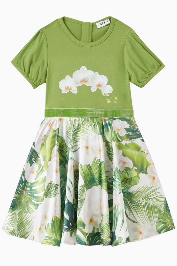 

Orchid Print Dress in Cotton, Green
