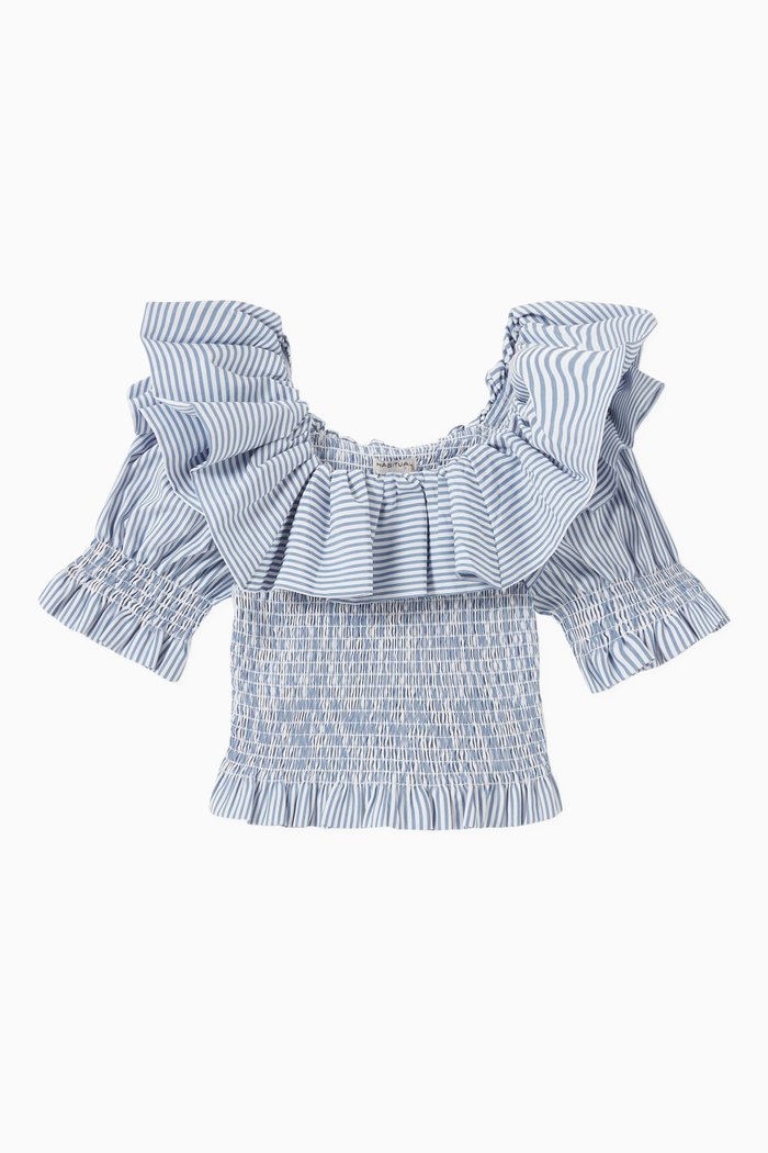 

Smocked Ruffle Top in Blended Fabric, Blue