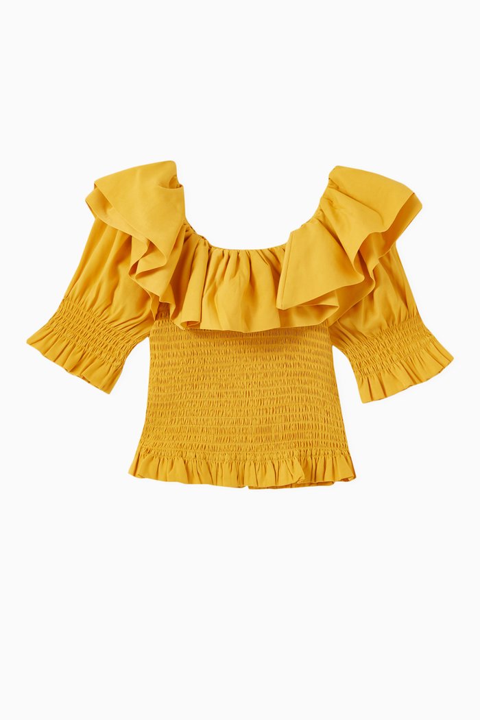 

Smocked Ruffle Top in Blended Fabric, Yellow