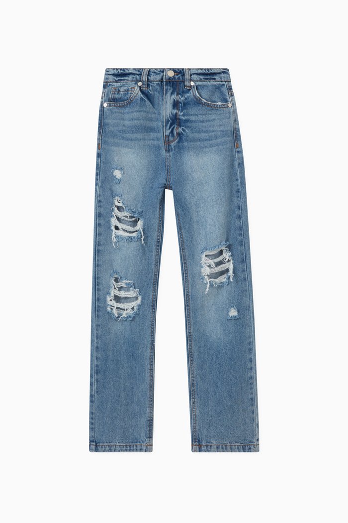 

High-rise Straight-leg Ripped Jeans, Blue