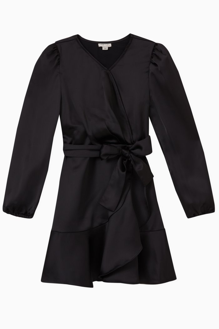 Mock Wrap Mini Dress in Satin, Black
