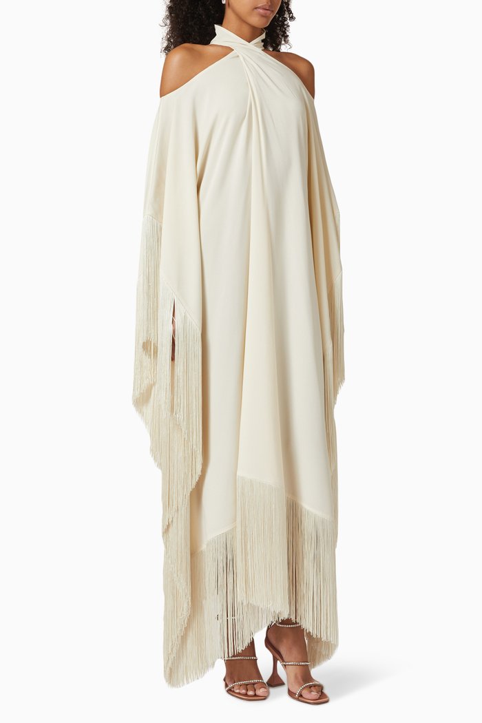 

Fringed Mambo Kaftan in Satin & Crepe, White