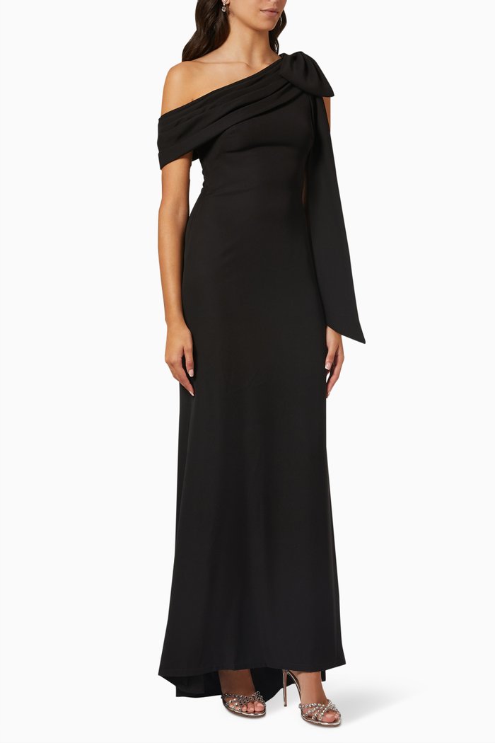 

One-shoulder Draped Gown in Crepe, Black