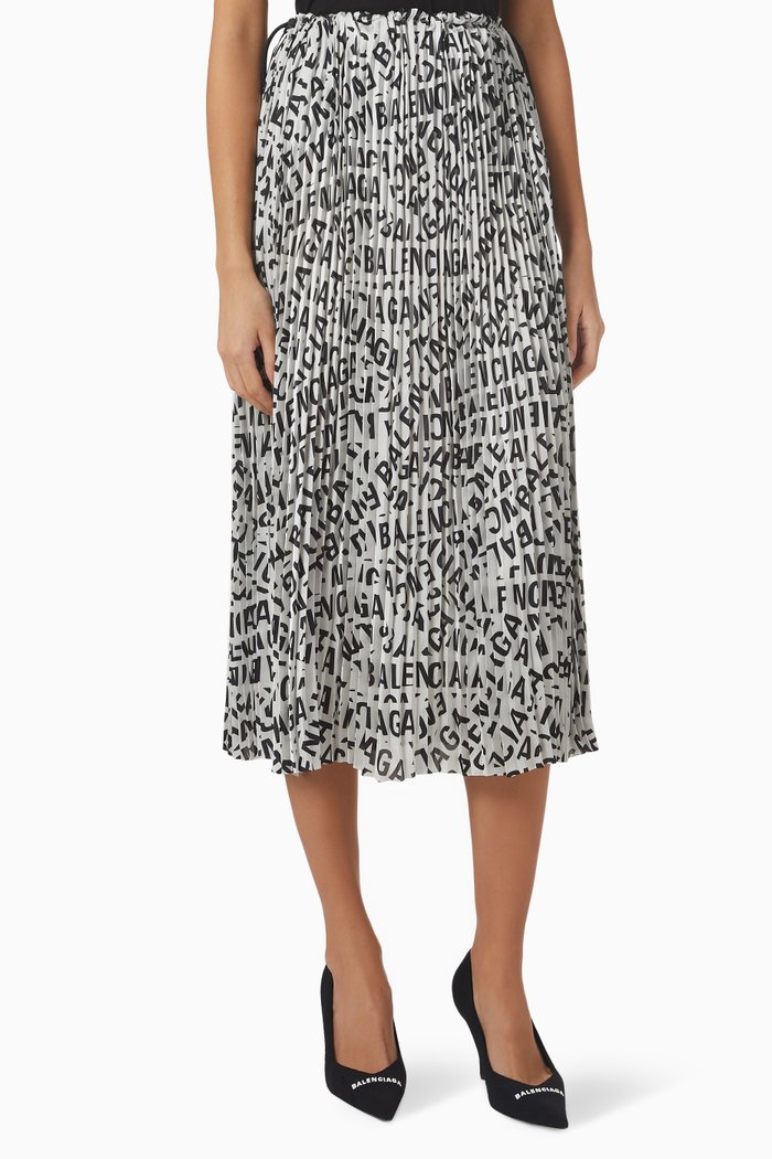 

Logo Strips Pleated Drawstring Skirt in Technical Satin, Grey