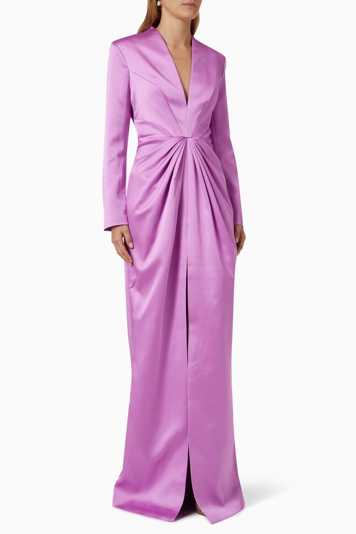 

Draped V-neck Gown in Satin, Purple
