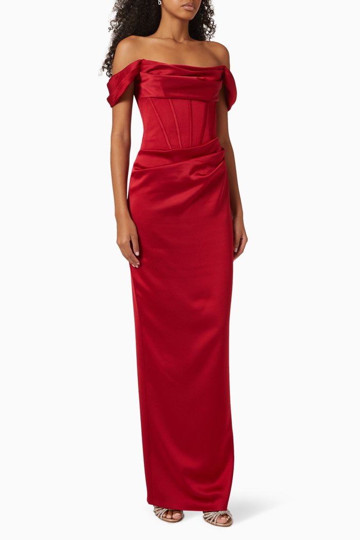 

Off-the shoulder Corset Gown in Satin, Burgundy