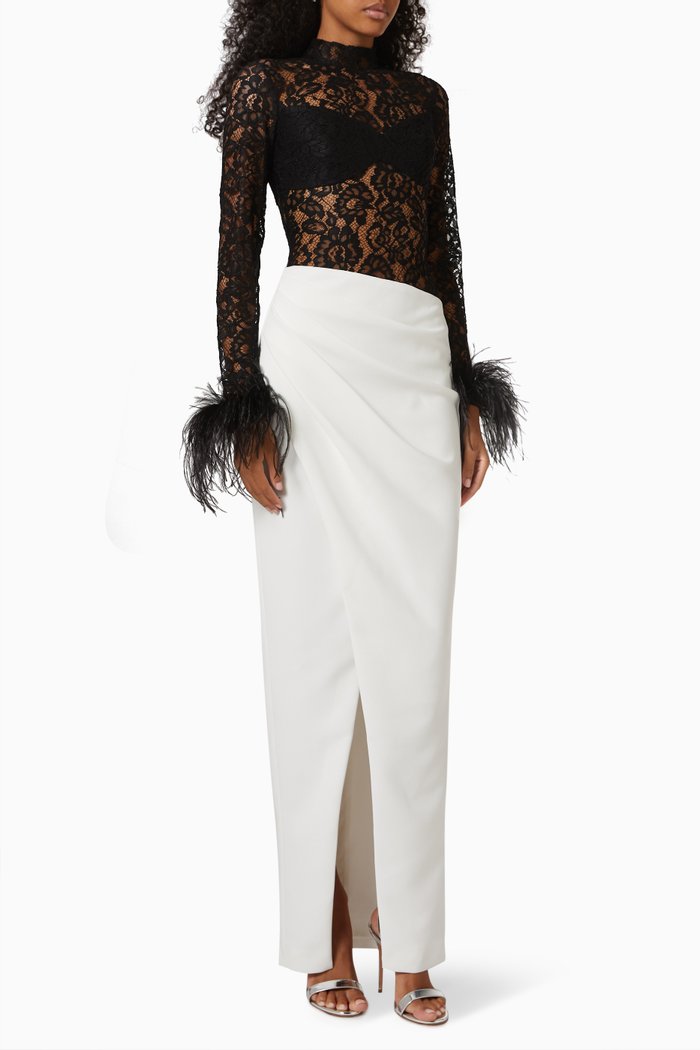 

Fringed Lace Gown in Crepe, Black