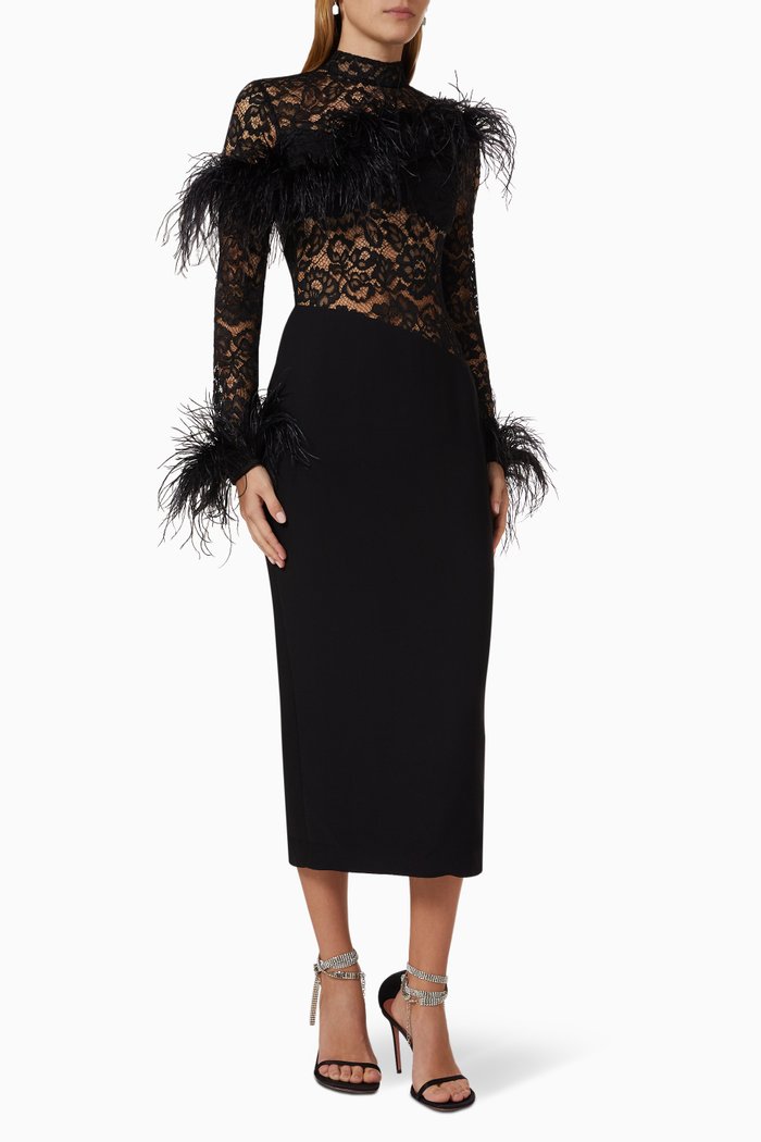 

Asymmetric Feathered Midi Dress in Lace & Crepe, Black