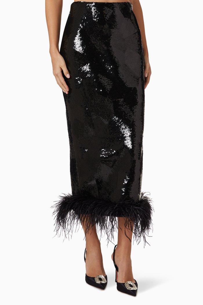 

Feather Fringed Midi Skirt in Sequin, Black
