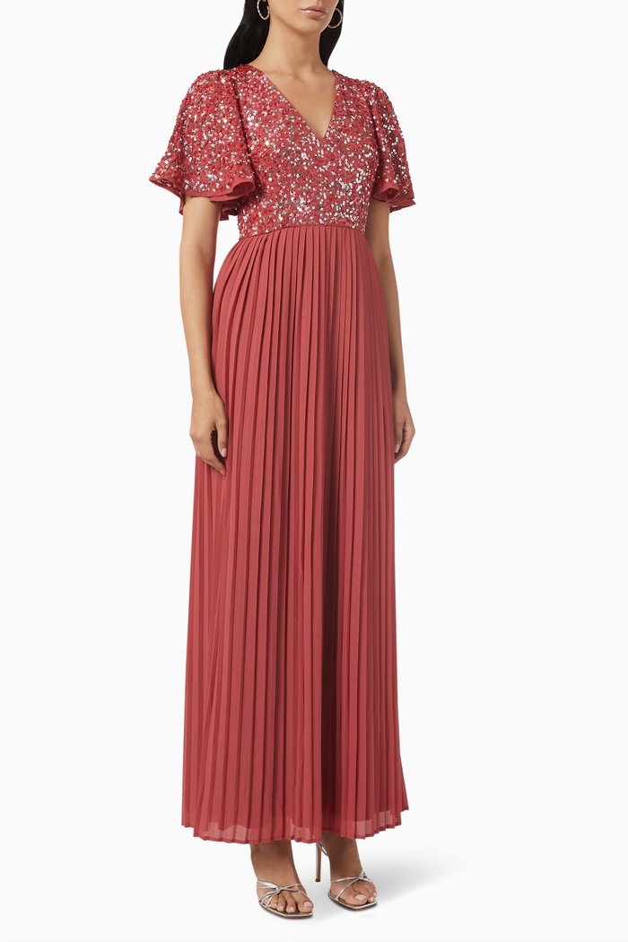 

Flutter Sleeve Sequin Maxi Dress, Pink