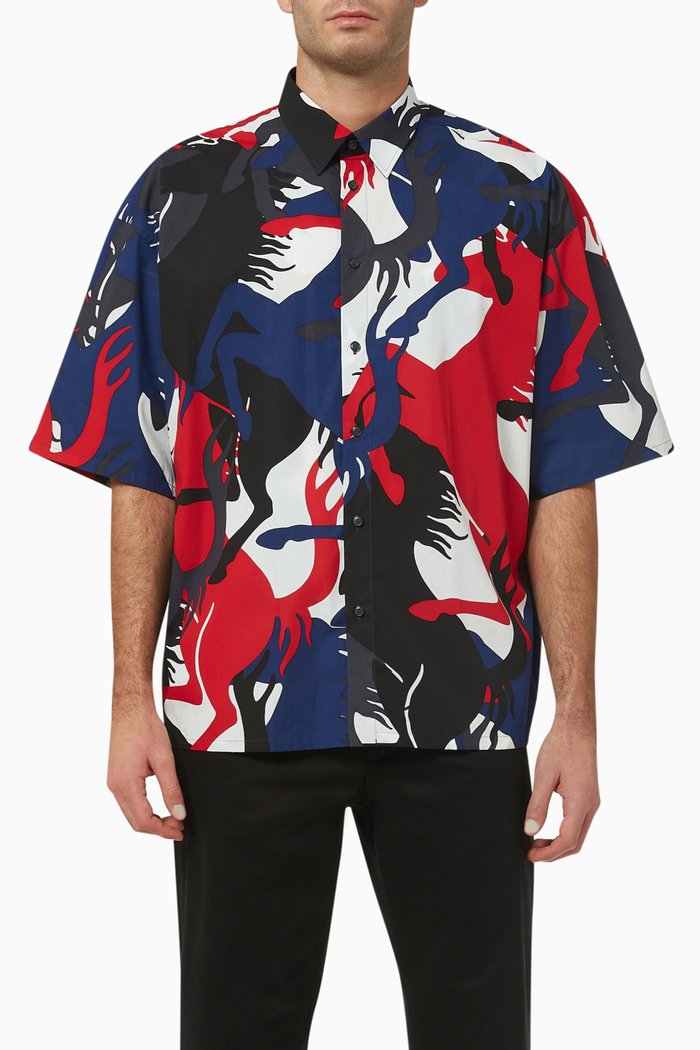 

Prancing Horse Camouflage Print Shirt in Cotton, Red