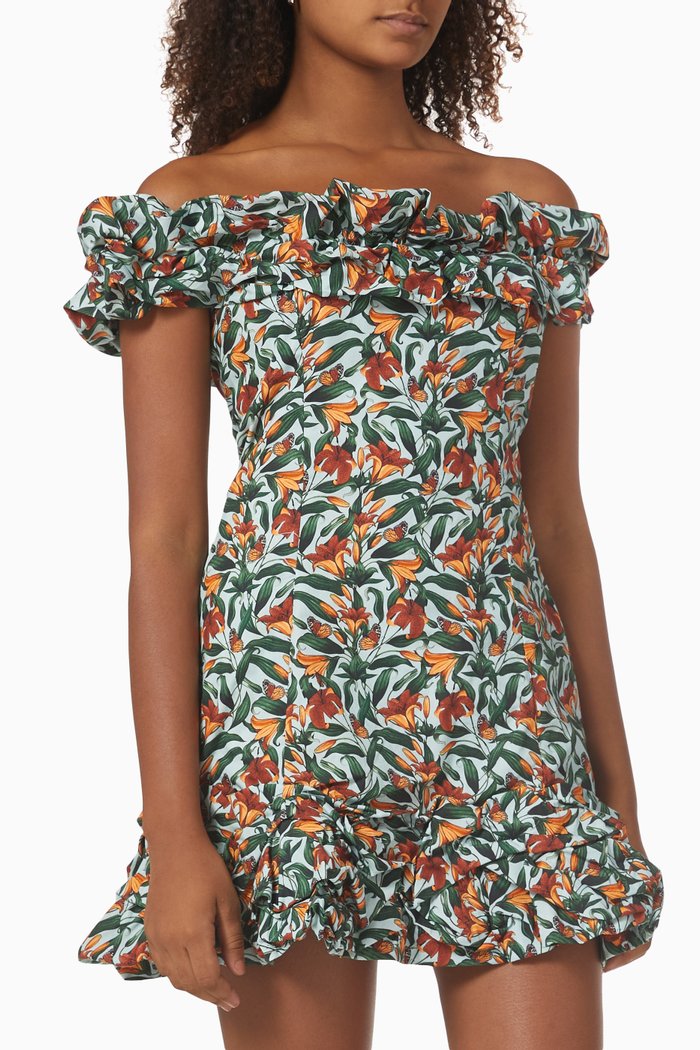 

Jardín Floral Off-shoulder Mini Dress in Cotton Poplin, Blue