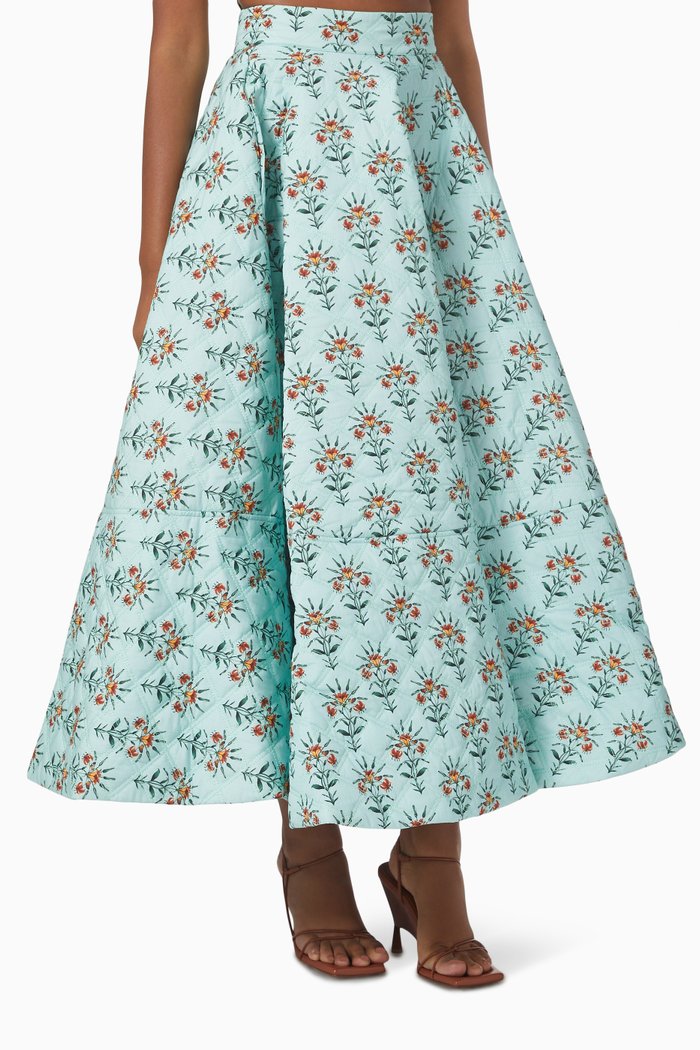 

Bergamota Floral Quilted Maxi Skirt in Cotton Poplin, Blue