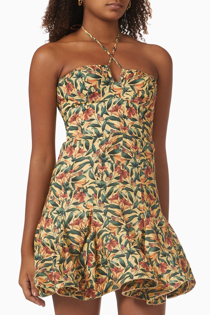 

Anturio Floral Halterneck Mini Dress in Linen, Multicolour