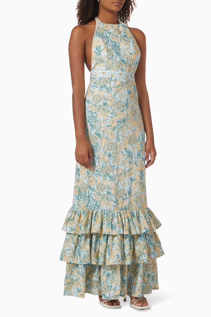 

Magnolia Floral Ruffle Hem Maxi Dress in Linen, Multicolour