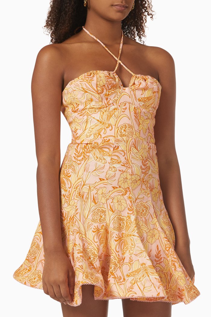 

Anturio Floral Halterneck Mini Dress in Linen, Multicolour