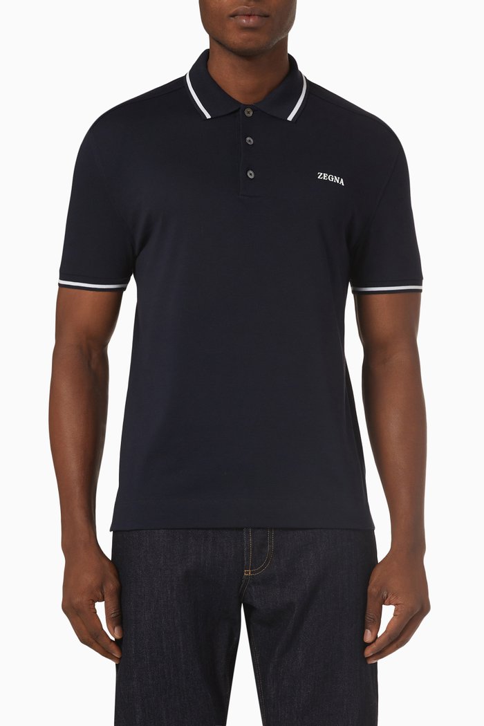 

Contrast-trims Logo Polo Shirt in Stretch-cotton, Blue