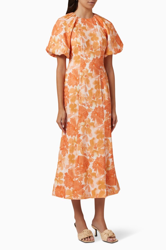 

Elena Floral-print Midi Dress in Linen-blend, Orange