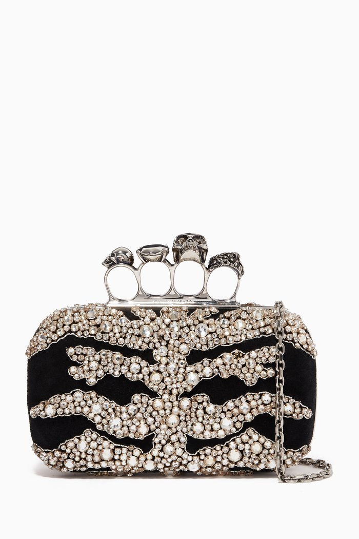 

Crystal Spine Jeweled Clutch in Suede, Red