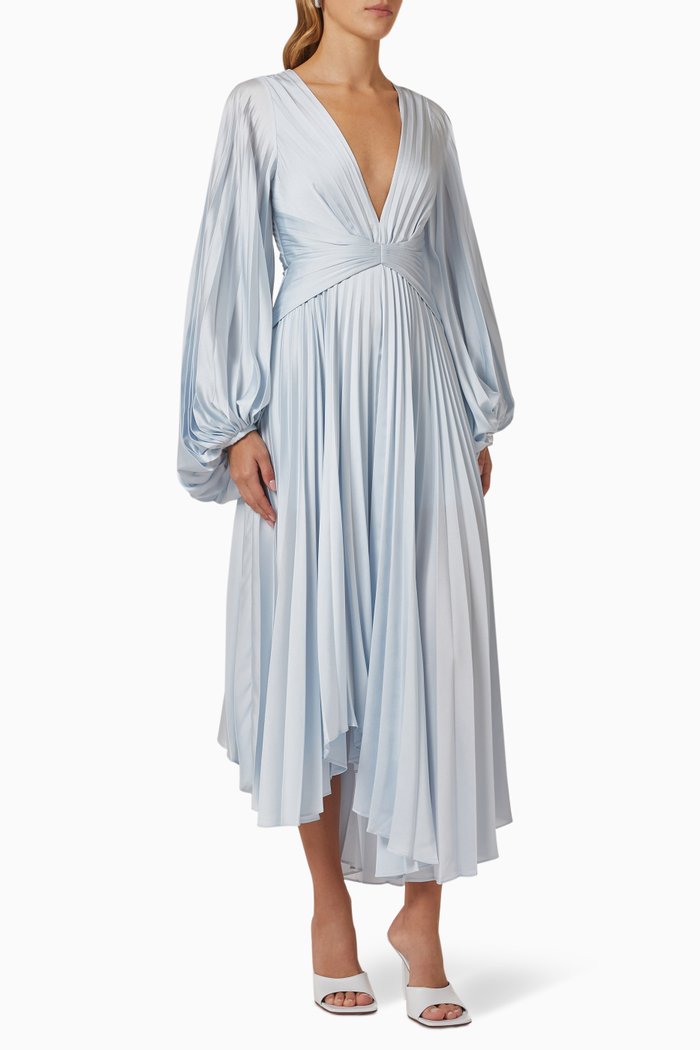 

Palms Pleated Midi Dress in Satin, Blue