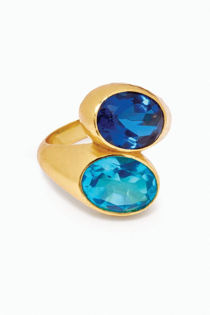 Santorini Quartz Double Stone Ring in 24kt Gold Plating, Blue