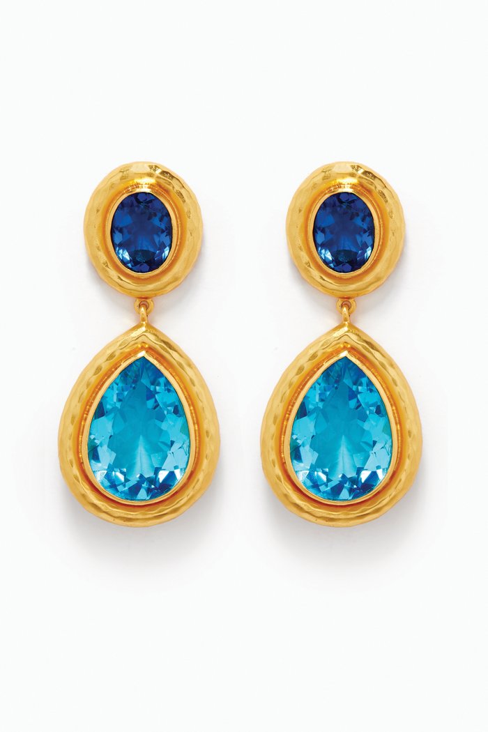

Santorini Quartz Double Stone Drop Clip Earrings in 24kt Gold Plating, Blue