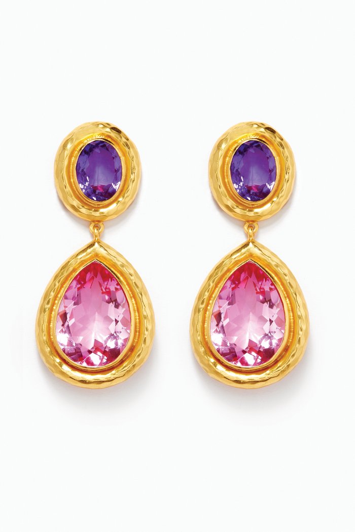 

Santorini Quartz Double Stone Drop Clip Earrings in 24kt Gold Plating, Pink