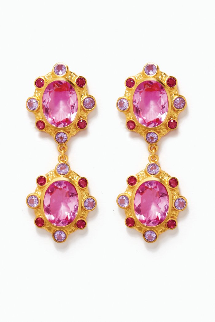 

Calypso Quartz Drop Clip Earrings in 24kt Gold Plating, Purple