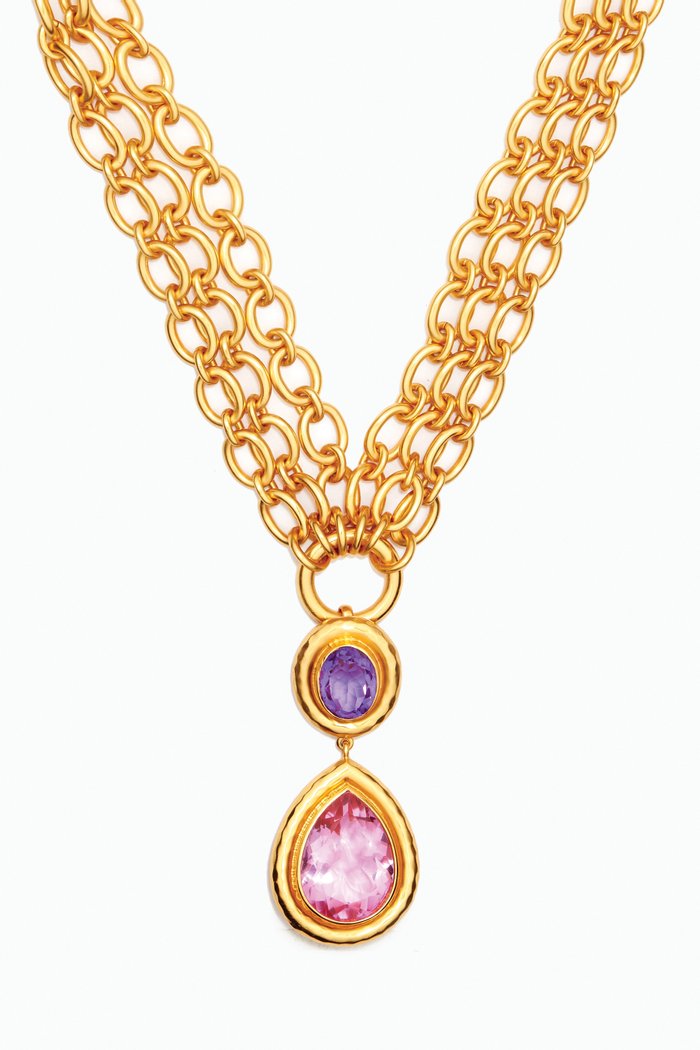 

Santorini Chain & Double Quartz Necklace in 24kt Gold-plated Brass, Pink