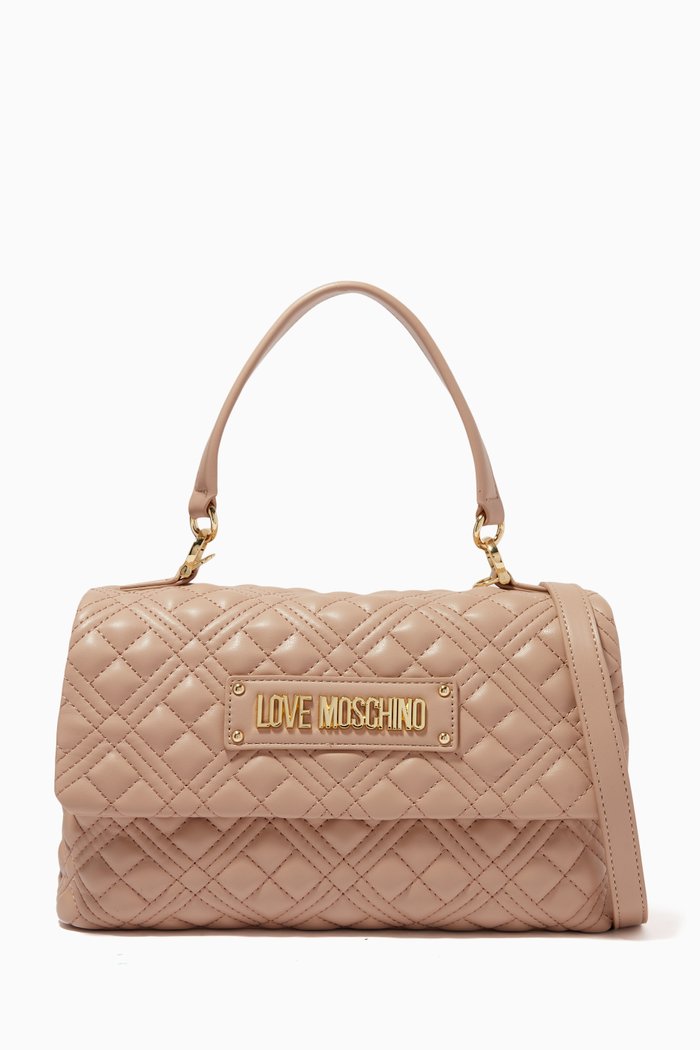 

Medium Quilted Top Handle Bag in Faux Leather, Neutral