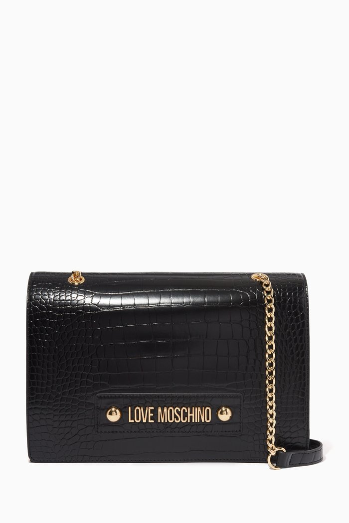 

Croco Chain Shoulder Bag in Faux Leather, Black