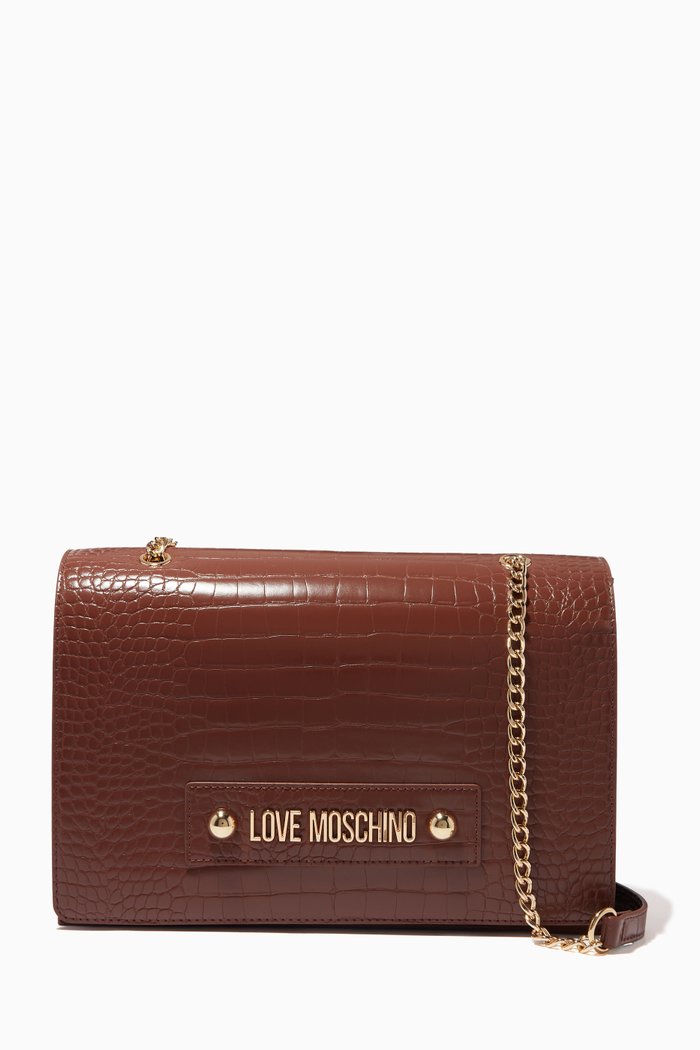 

Croco Chain Shoulder Bag in Faux Leather, Brown