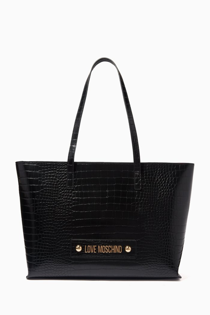

Medium Tote Bag in Croc-embossed Faux Leather, Black