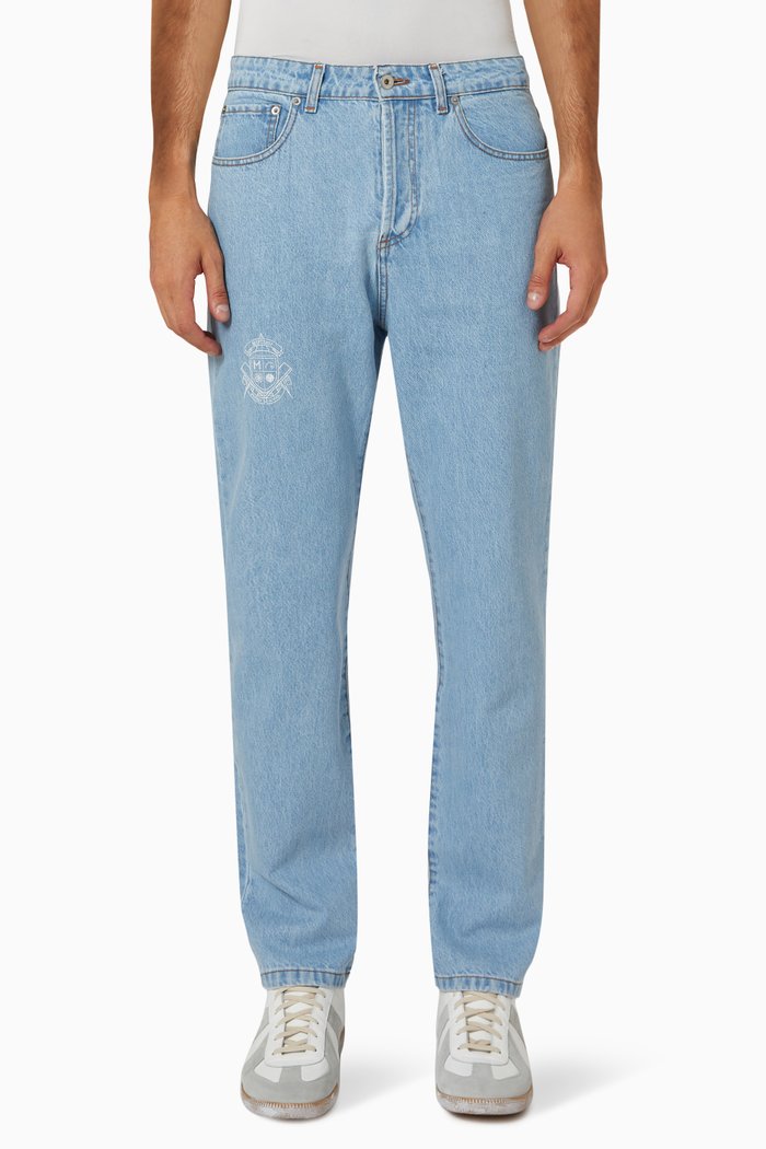 Mystery School Print Jeans in Cotton Denim, Blue