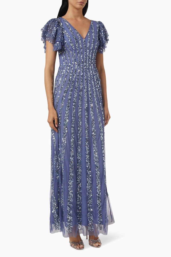 

Stripe Embellished Maxi Dress in Tulle, Blue