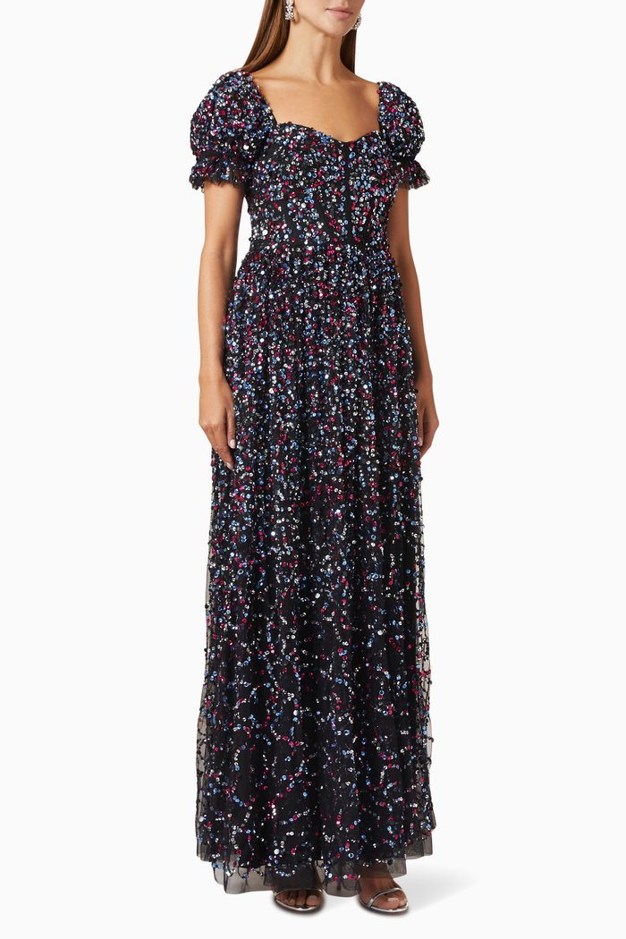 

Puff Sleeve Embellished Gown in Tulle, Black