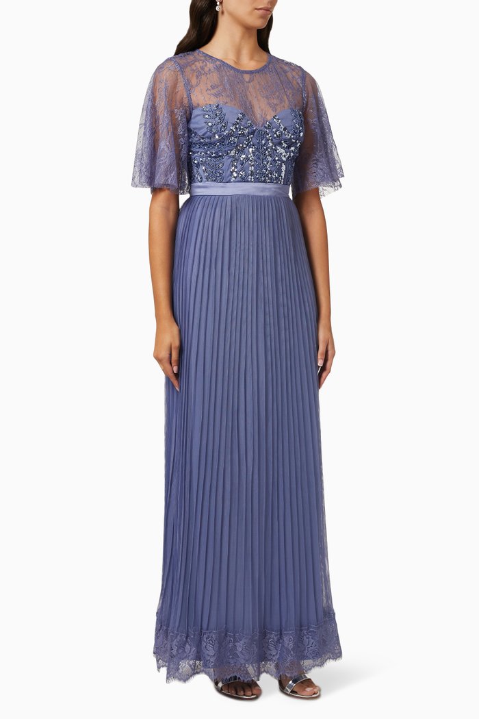 

Embellished Bodice Pleated Maxi Dress, Blue