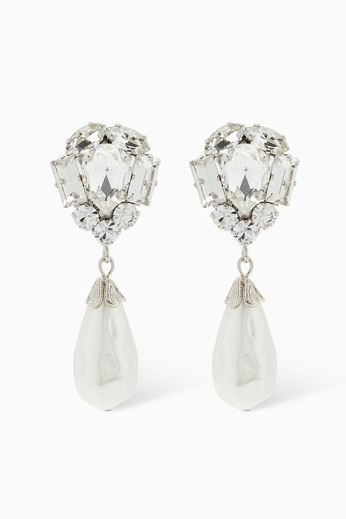 

Pearl Pendant Crystal Clip-on Earrings in Silver-tone Metal