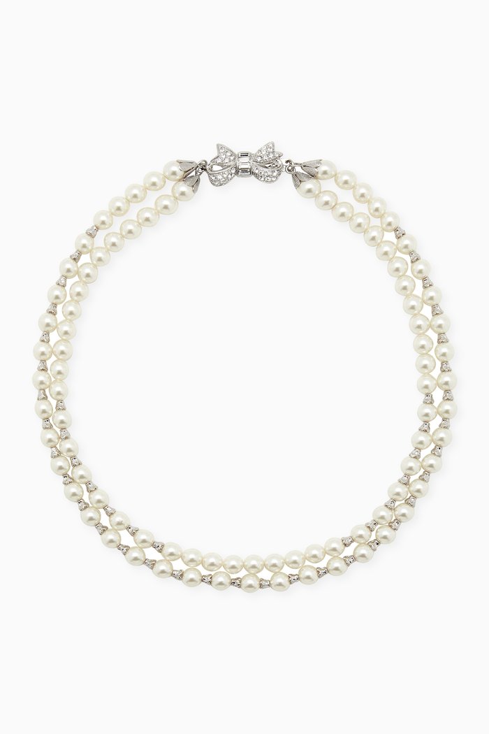 Double Pearl Crystal-bow Necklace iin Silver-tone Metal, White