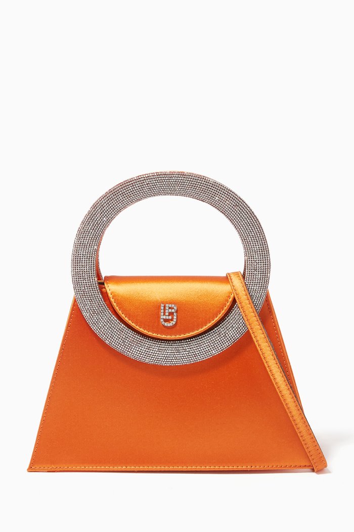 Small Trapezio Crystal-embellished Top-handle Bag in Satin, Orange