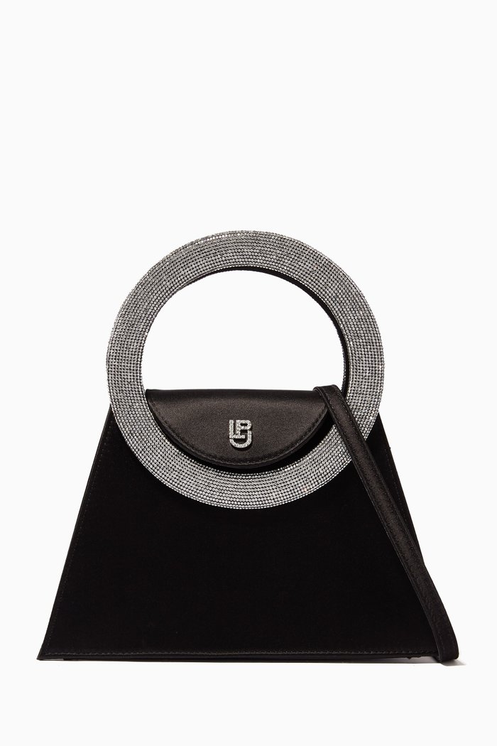 

Small Trapezio Crystal-embellished Top-handle Bag in Satin, Black