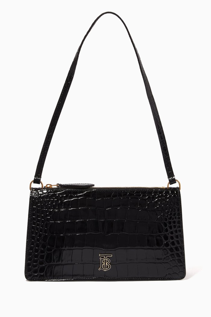 

Small TB Shoulder Bag in Croc-embossed Leather, Black