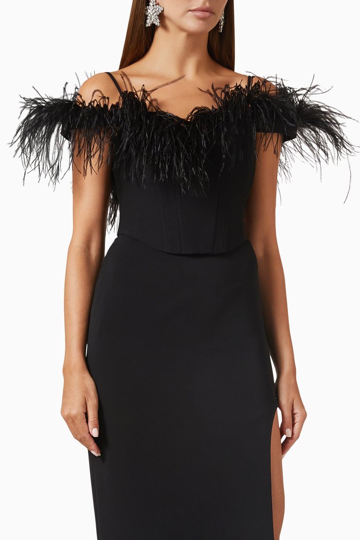 

Off-shoulder Feather Trim Corset Top in Satin, Black
