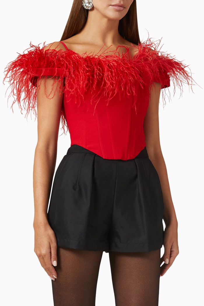 

Off-shoulder Feather Trim Corset Top in Satin, Red