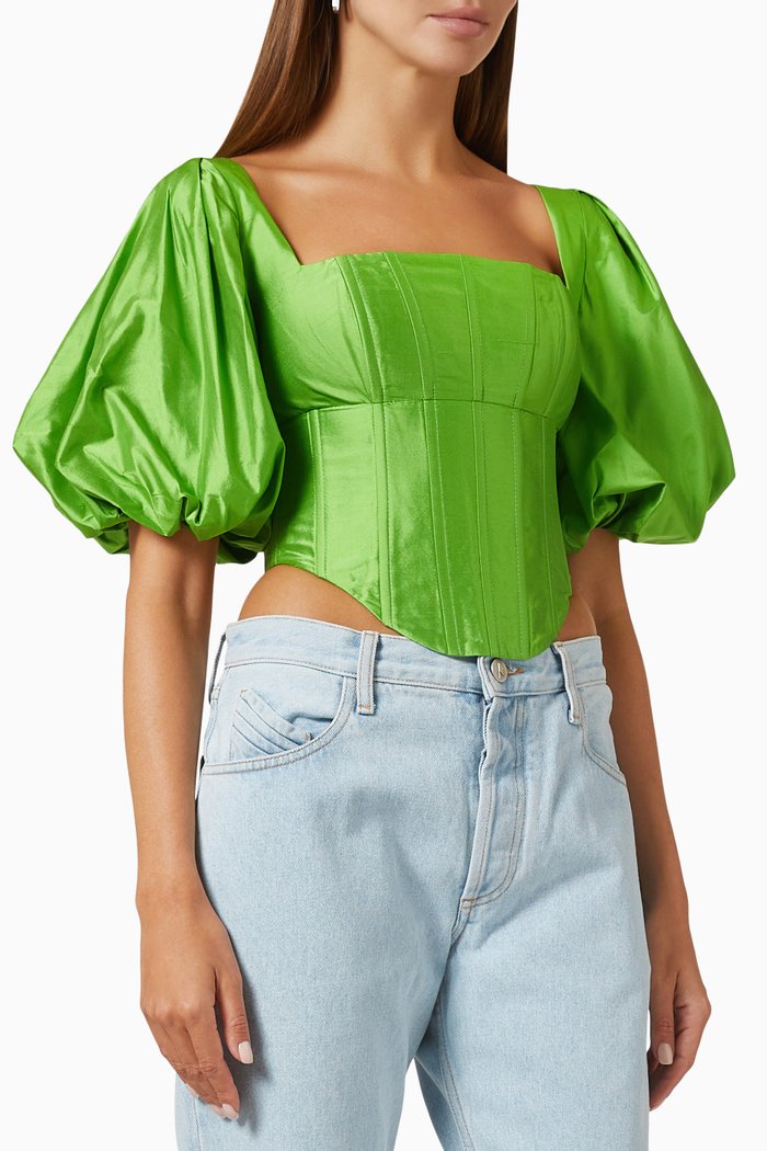 

Puff Sleeve Corset Top in Silk, Green
